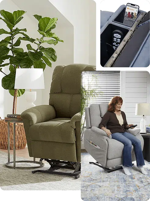 A collage showing three images of power lift recliners. The main image features a green lift chair in a cozy living room with a side table and a tall plant. The top-right inset shows a built-in storage compartment with a phone, remote control, and brochure. The bottom-right image shows a woman using a gray lift recliner, smiling while holding a remote.