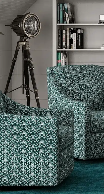 Two patterned swivel chairs with a bold geometric teal and white design are positioned in a cozy reading nook with a deep teal carpet. A vintage-style spotlight floor lamp and white built-in bookshelf filled with books complete the eclectic space.