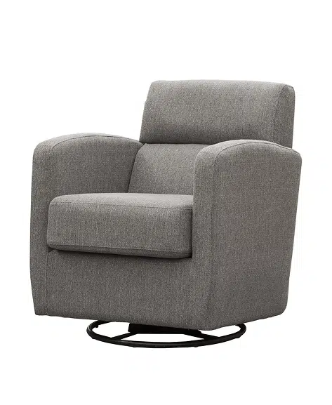 A modern gray fabric swivel chair with plush cushions and rounded arms sits on a black metal circular base. Its clean lines and cozy design make it ideal for nurseries, living rooms, or reading corners.