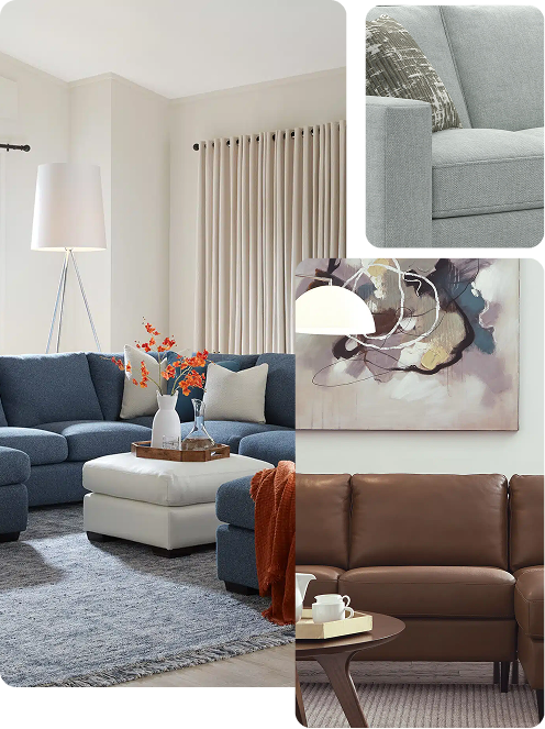 A collage featuring various sectional sofas in modern living room settings. The main image shows a deep blue sectional with a white ottoman and accent pillows, styled with a floor lamp and gray rug. Insets include a close-up of a light gray sectional arm, an abstract wall art above a brown leather sectional, and cozy neutral decor.
