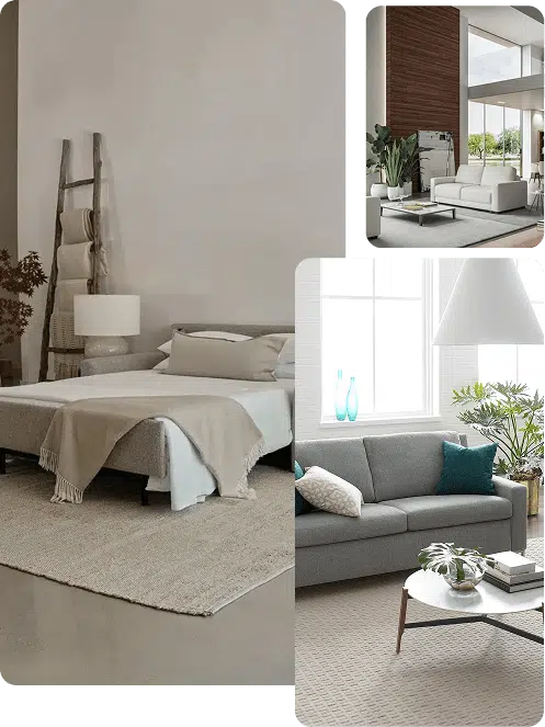 A collage featuring modern sofa beds and a cozy bedroom. The main image shows a minimalist upholstered bed with layered neutral bedding and a ladder-style blanket rack. Insets include a bright living space with a white leather sofa bed, and a gray sofa bed near a window with teal pillows and a round coffee table.