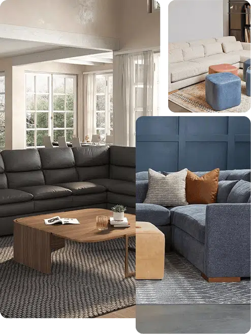 A collage showcasing stylish sofas in various living room settings. The main image features a dark gray leather sofa with deep cushions, paired with a wood coffee table in a bright room. Insets highlight a cream fabric sofa with velvet ottomans, and a blue sectional styled with textured throw pillows and a navy accent wall.