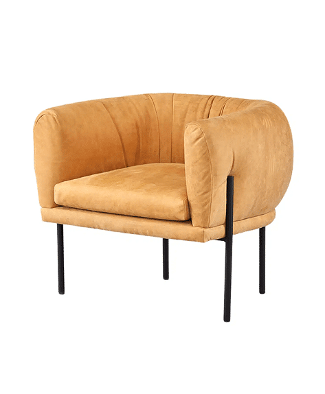 A modern mustard yellow accent chair with plush, curved upholstery sits on slim black metal legs. Its minimalist, open-frame design combines softness and structure, making it ideal for contemporary interiors.