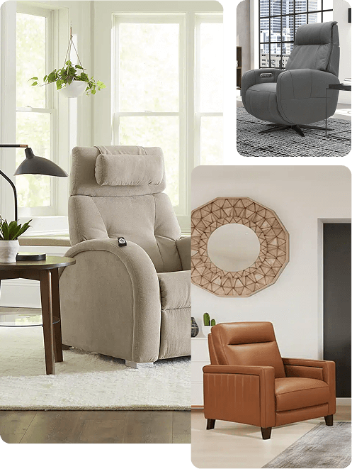 A collage showcasing three recliners in stylish home settings. The main image features a beige power recliner with headrest and remote beside a wood desk in a sunlit room. The top-right inset shows a modern gray swivel recliner near city-view windows, and the bottom-right image highlights a caramel leather recliner in a chic, neutral-toned room.