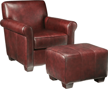 A classic deep red leather armchair with rolled arms is paired with a matching square ottoman. Both pieces feature block wood legs and a smooth, polished finish, offering a timeless look for traditional interiors.