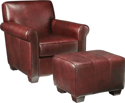 A classic deep red leather armchair with rolled arms is paired with a matching square ottoman. Both pieces feature block wood legs and a smooth, polished finish, offering a timeless look for traditional interiors.