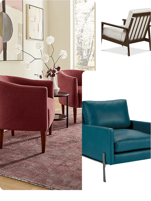 A collage showcasing a variety of modern chairs. The main image features three deep red upholstered accent chairs around black side tables in a bright room with abstract art. Insets include a mid-century wooden lounge chair with light cushions and a teal leather armchair with sleek metal legs.