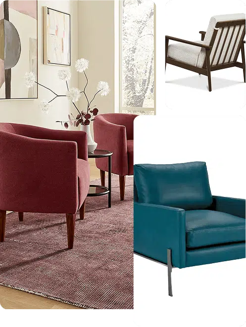 A collage showcasing a variety of modern chairs. The main image features three deep red upholstered accent chairs around black side tables in a bright room with abstract art. Insets include a mid-century wooden lounge chair with light cushions and a teal leather armchair with sleek metal legs.