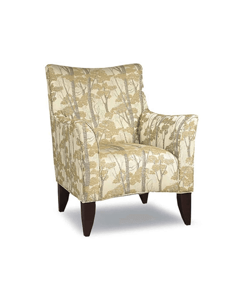 A traditional high-back accent chair with tapered wood legs features cream and gold upholstery in a subtle tree-patterned fabric. Its classic silhouette and nature-inspired design bring an elegant, timeless touch to any room.