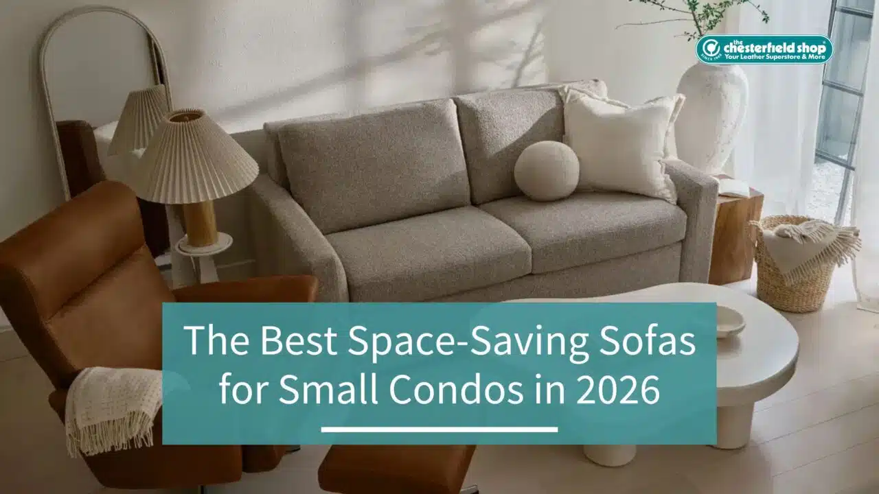 A modern space-saving sofa styled in a small condo living room, featuring neutral tones and compact furniture designed for efficient use of limited space.